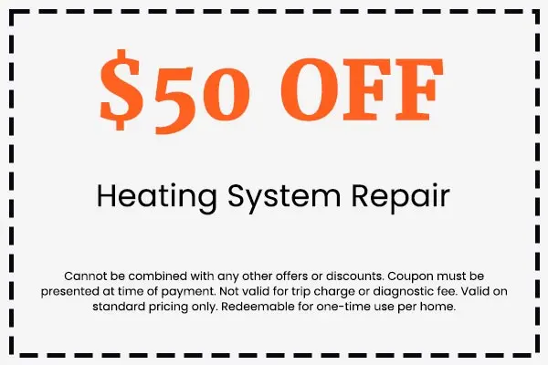 $50 off coupon for heating system repair by Crowe's Comfort Solutions, highlighting savings on HVAC services.