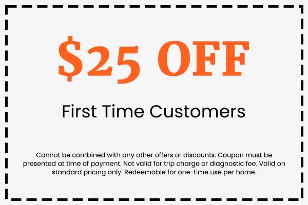 $25 off coupon for first time customers at Crowe's Comfort Solutions, highlighting HVAC service promotions and savings.