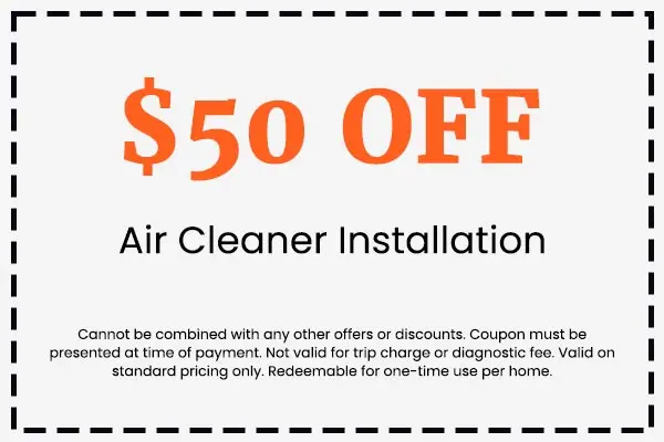 $50 off coupon for air cleaner installation, highlighting promotional offer from Crowe's Comfort Solutions.