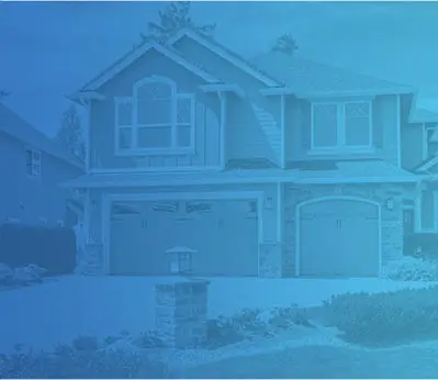 Residential home with a blue overlay, showcasing a two-car garage and landscaped front yard, representing comfort and reliability in HVAC services by Crowe's Comfort Solutions in Pooler, GA.