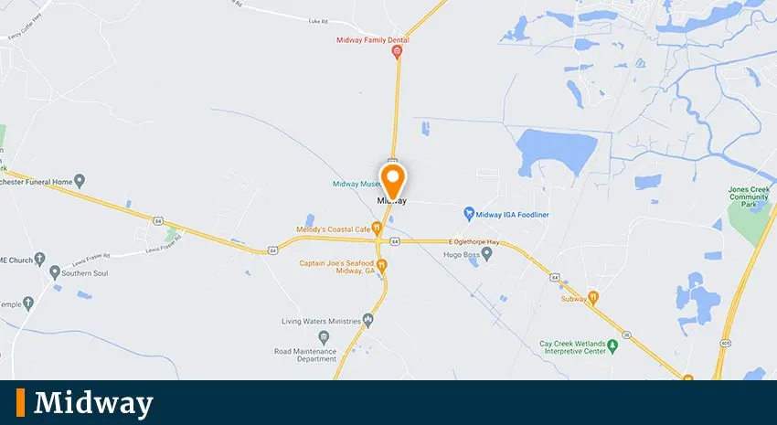 Map of Midway, GA, highlighting key locations such as Midway Family Dental, Midway IGA Foodliner, and local restaurants, relevant for Crowe's Comfort Solutions' HVAC services in the area.