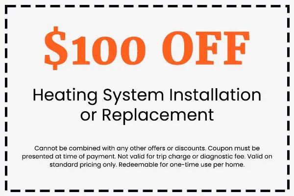$100 off heating system installation or replacement coupon from Crowe's Comfort Solutions, emphasizing savings on HVAC services.