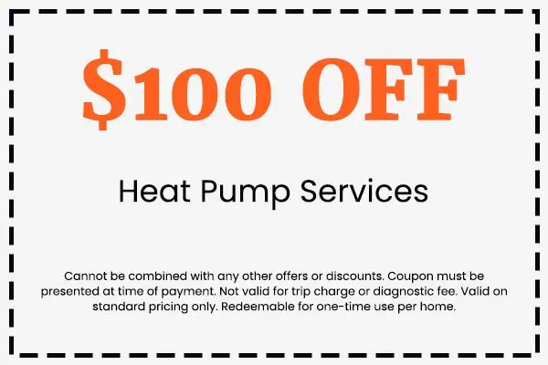 $100 off coupon for heat pump services, featuring terms and conditions for Crowe's Comfort Solutions HVAC promotions.