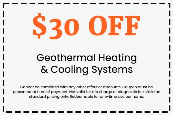 $30 off coupon for geothermal heating and cooling systems, highlighting savings on HVAC services offered by Crowe's Comfort Solutions.