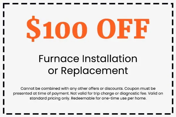 $100 off coupon for furnace installation or replacement, highlighting Crowe's Comfort Solutions' HVAC services and customer savings.