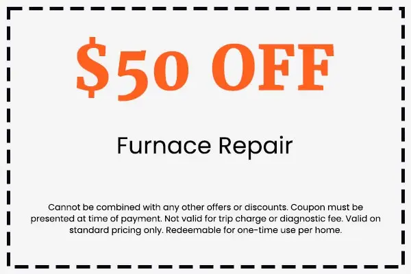 $50 off coupon for furnace repair, highlighting savings on HVAC services from Crowe's Comfort Solutions, with terms and conditions noted.