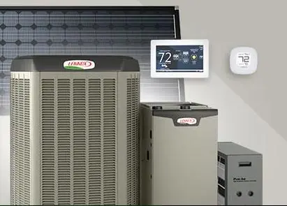 HVAC equipment display featuring a Lennox air conditioning unit, smart thermostat, and solar panel, representing The Bosworth Company's home comfort solutions in Kerrville, Texas.