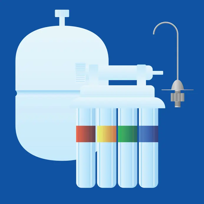 Reverse osmosis water filtration system featuring a storage tank, filtration unit with colored indicators, and faucet, representing reliable water quality solutions by The Bosworth Company in Kerrville, Texas.