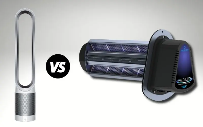 Air purifier comparison featuring a sleek Dyson model and an advanced Halo-LED air purification system, illustrating differences in design and functionality related to home air quality improvement.