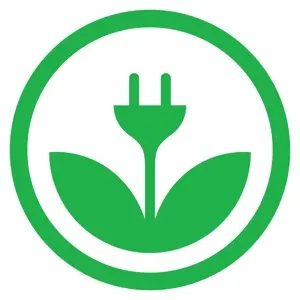 Green energy symbol featuring a plug and leaf, representing eco-friendly energy solutions relevant to plumbing and HVAC services.