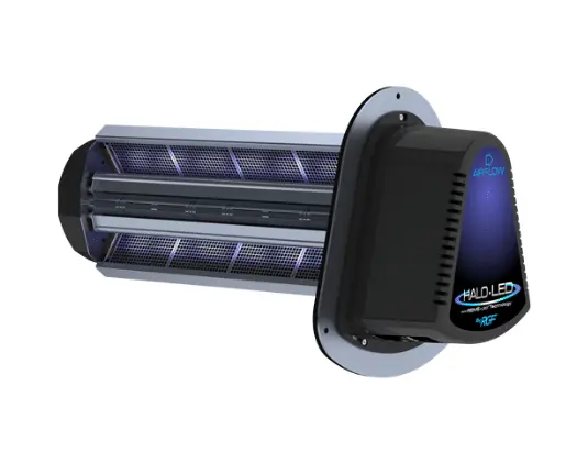 RGF HALO-LED air purification system featuring a sleek design, emphasizing health benefits for indoor air quality, associated with The Bosworth Company services.