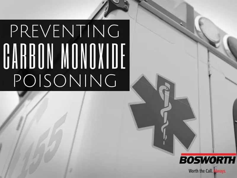 Preventing carbon monoxide poisoning graphic featuring medical symbol and Bosworth Company branding, emphasizing safety and awareness.