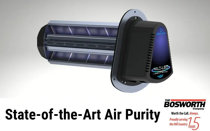 Air purification device with a modern design and LED lights, promoting air quality from The Bosworth Company.