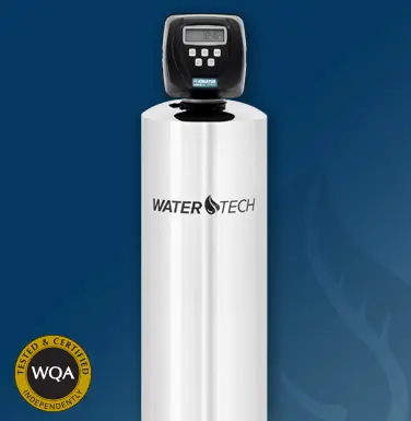 Water Tech water softener system with digital display, showcasing innovative technology for improved water quality, featured in plumbing and HVAC services context.