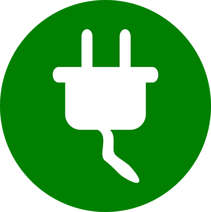 White power plug icon on a green circular background, symbolizing electrical connections related to HVAC and plumbing services.