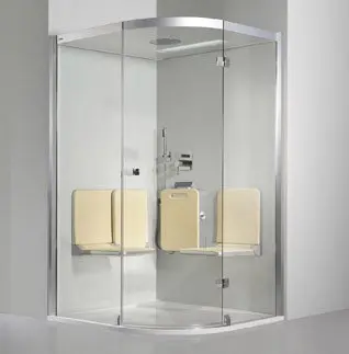 Modern steam shower unit with glass enclosure and built-in seating, promoting health benefits and home value enhancement.
