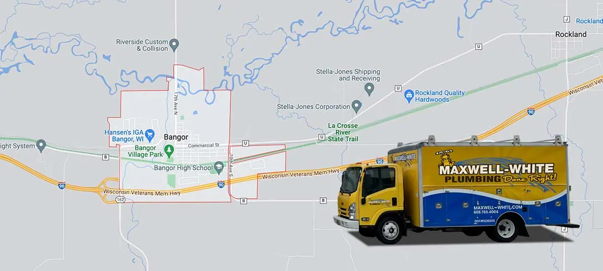 Map of Bangor, Wisconsin with a prominently displayed Maxwell-White Plumbing service truck, showcasing local plumbing services.