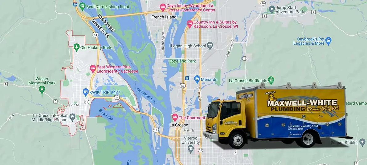 Maxwell-White Plumbing service truck in front of La Crescent, WI map, highlighting local plumbing services and community presence.