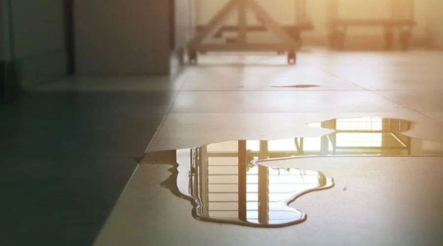Water puddle on floor tiles reflecting ambient light at Maxwell-White Plumbing service area.