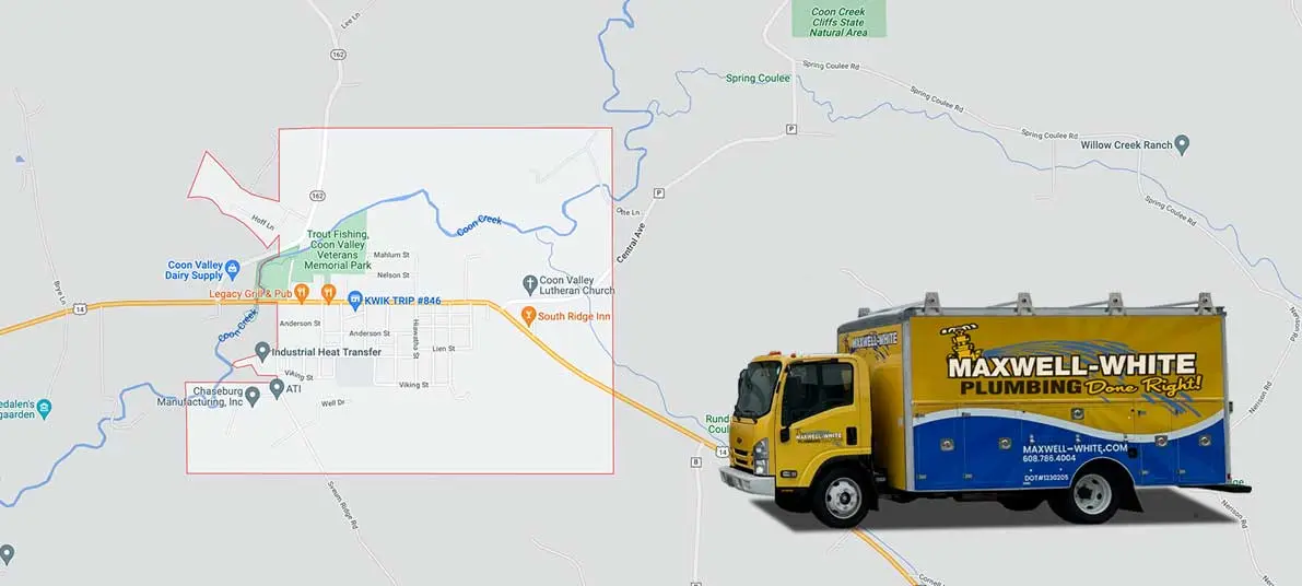 Map of Coon Valley, WI, featuring a Maxwell-White Plumbing service truck, highlighting local plumbing services and community landmarks.