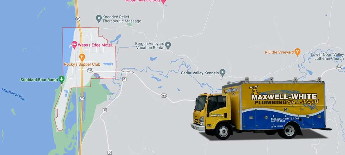 Maxwell-White Plumbing service truck positioned on a map of Stoddard, WI, highlighting local plumbing services and business contact information.