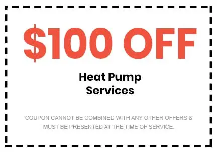 $100 off heat pump services coupon from Great Day Plumbing & Air, with terms stating it cannot be combined with other offers and must be presented at service time.