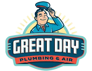 Great Day Plumbing & Air logo featuring a smiling technician in a blue uniform, emphasizing plumbing and HVAC services.