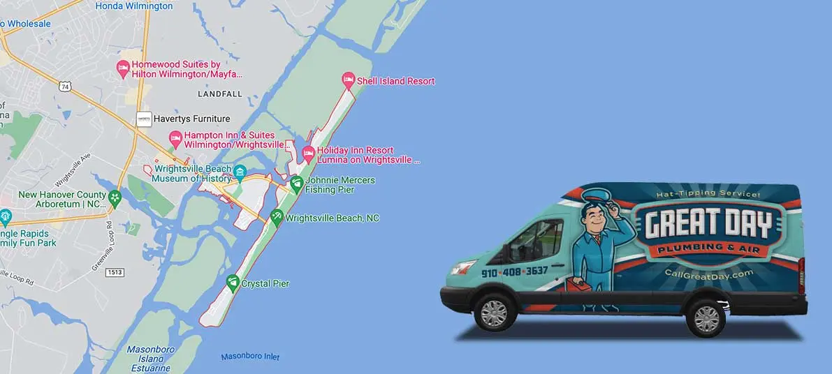 Great Day Plumbing & Air service van parked near Wrightsville Beach, featuring branding and contact information for HVAC services.