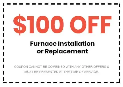 $100 off coupon for furnace installation or replacement, highlighting service discount for Great Day Plumbing & Air, with terms for use.