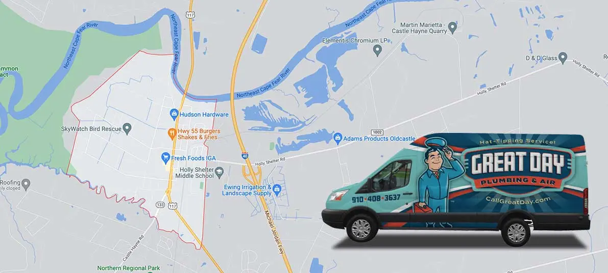 Great Day Plumbing & Air service van parked near Castle Hayne, North Carolina, featuring contact number and logo, emphasizing HVAC solutions.