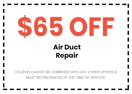 $65 off air duct repair coupon from Great Day Plumbing & Air, featuring bold text and conditions for usage.