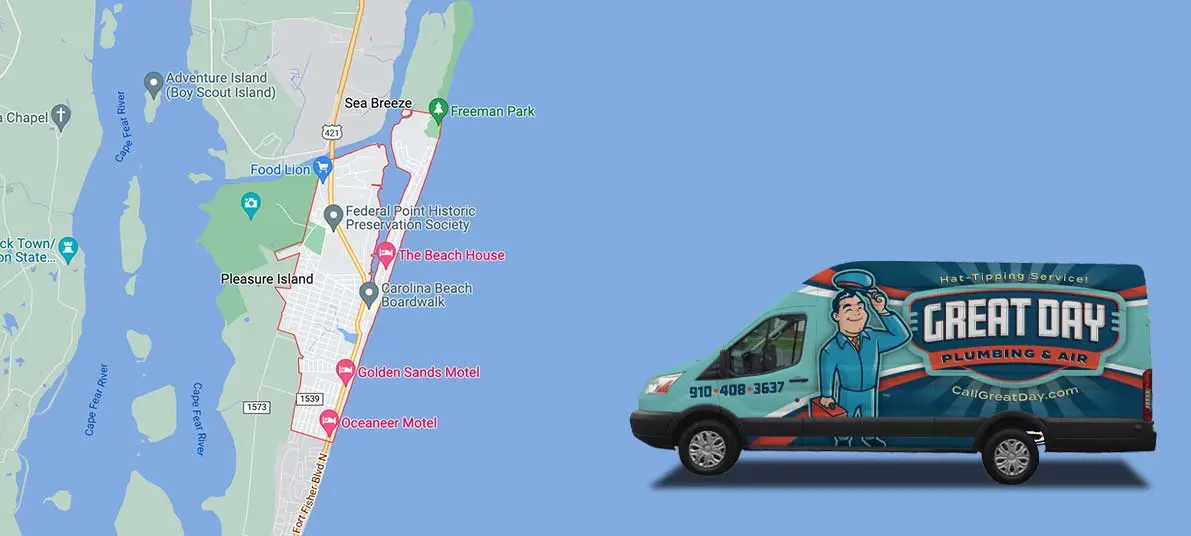 Great Day Plumbing & Air service van showcasing plumbing solutions in Carolina Beach, NC, with contact information and branding elements.