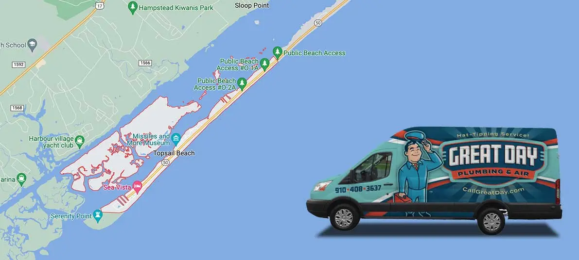 Great Day Plumbing & Air service van with logo, parked near Topsail Beach, showcasing plumbing services in a coastal setting.