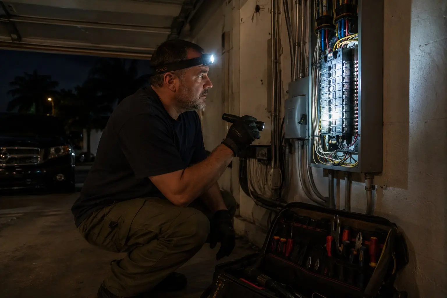 Emergency electrician with headlamp diagnosing a breaker panel at night in Cape Coral