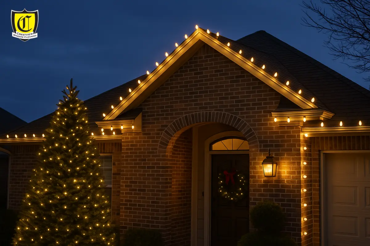Professional installer placing warm gold and white Christmas lights on a suburban home at dusk, with glowing reflections on clean windows, showcasing Crestview’s festive and high-quality outdoor installation service.