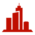 Red silhouette of a city skyline representing urban services, relevant to Vuksani Service Group's plumbing, heating, and electrical solutions in New York City.