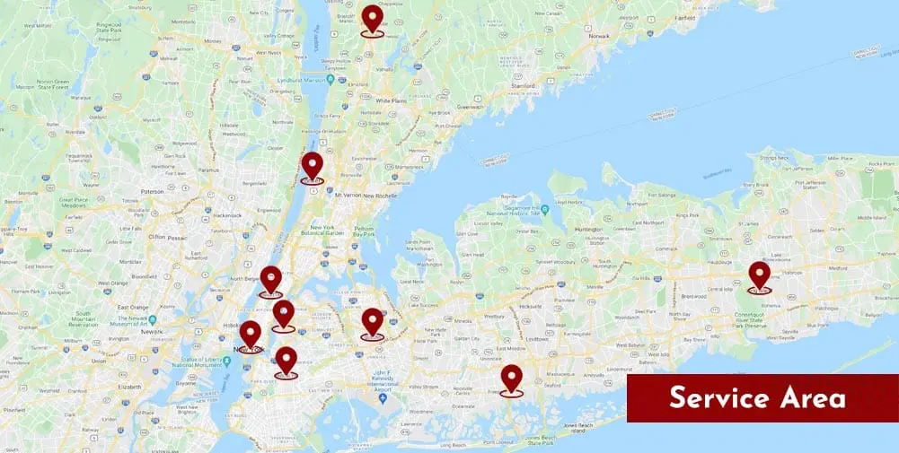 Map highlighting Vuksani Service Group's service areas in New York City and surrounding regions, with marked locations in neighborhoods such as Astoria, Manhattan, Brooklyn, and the Bronx, emphasizing plumbing, heating, and electrical services.