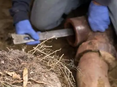 Plumber examining tree roots invading a pipe, highlighting common spring plumbing issues related to root intrusion.