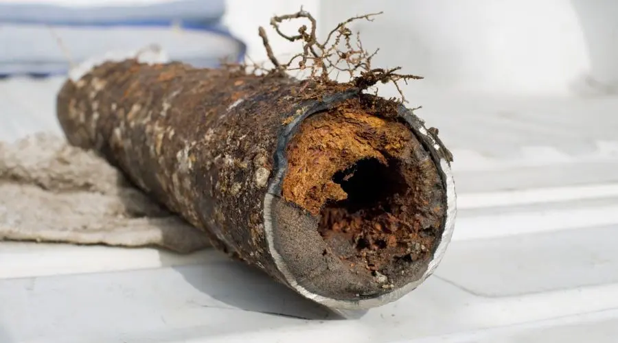 Degraded cylindrical pipe resting on a cloth, filled with organic debris, highlighting plumbing maintenance needs.
