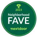 Badge showing '2023 Neighborhood FAVE' award for Scott Plumbing, featuring trophy icon in green design.