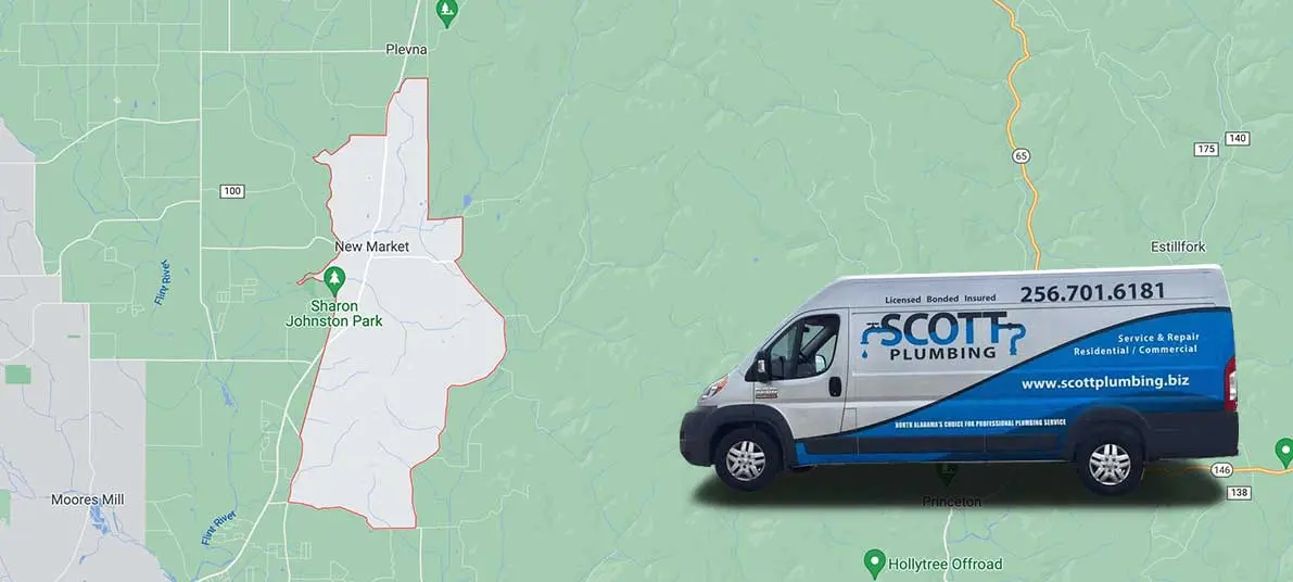 Scott Plumbing service van on map of New Market, AL, highlighting residential plumbing services, including water heater repairs and drain cleaning.