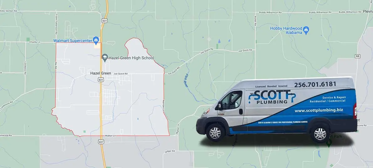 Scott Plumbing service van displayed on a map of Hazel Green, AL, highlighting local plumbing services and contact information.