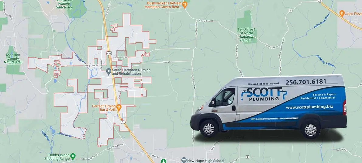 Scott Plumbing service van displayed on a map of Owens Cross Roads, AL, highlighting plumbing services, contact information, and service areas.