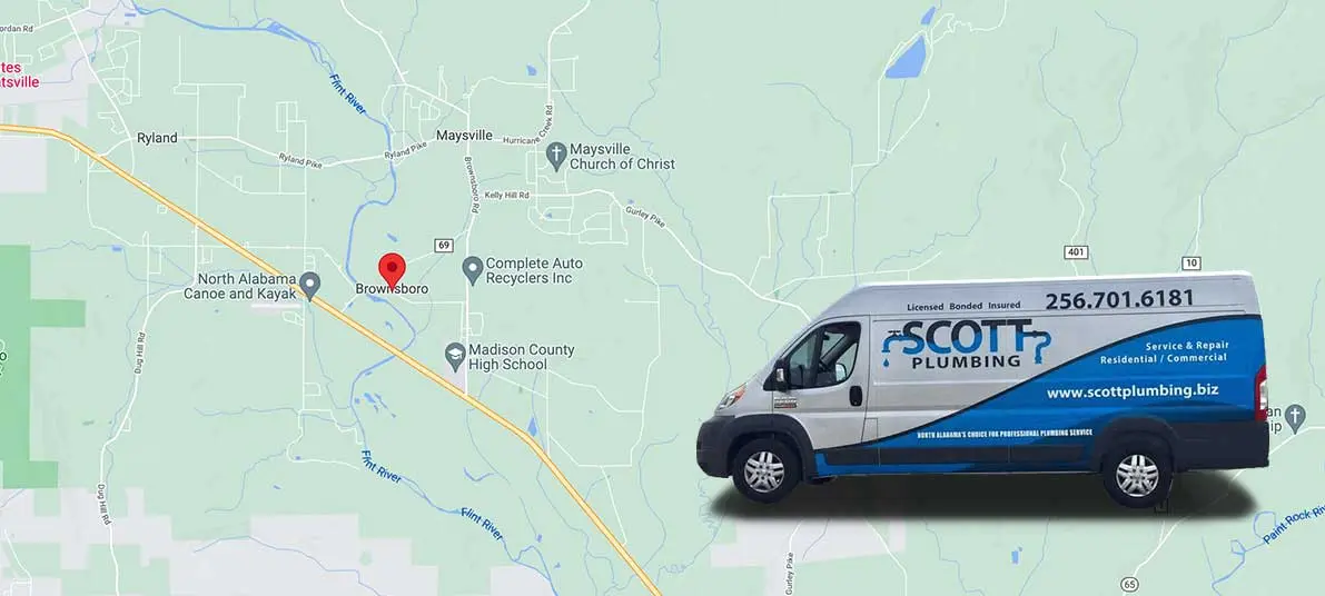 Map of Brownsboro, AL with Scott Plumbing service van, featuring contact information and service details for residential and commercial plumbing.