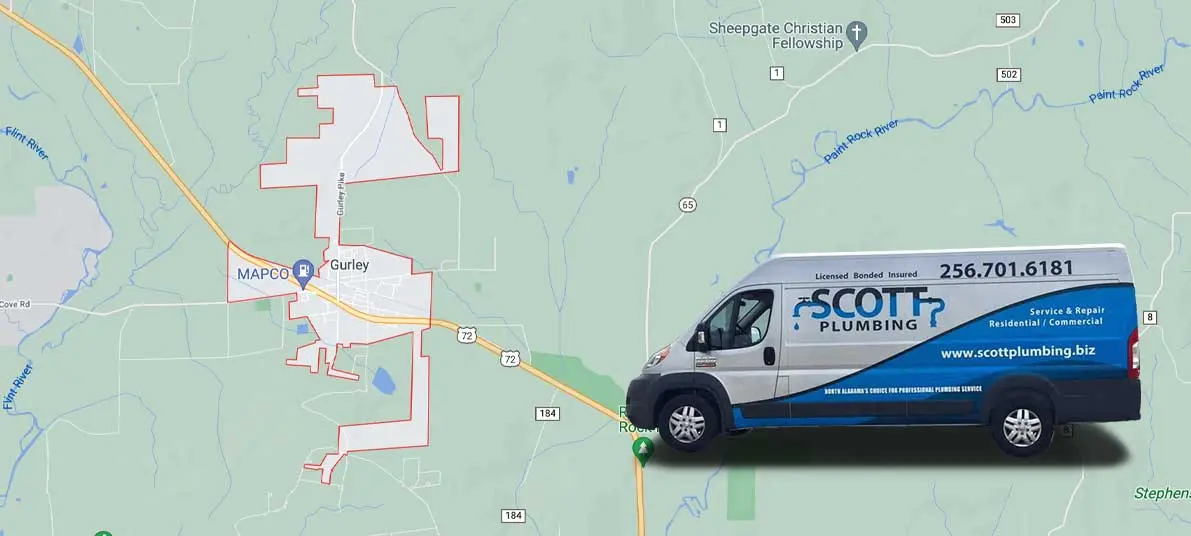 Scott Plumbing service van parked on a map of Gurley, AL, highlighting local plumbing services for residential and commercial customers.