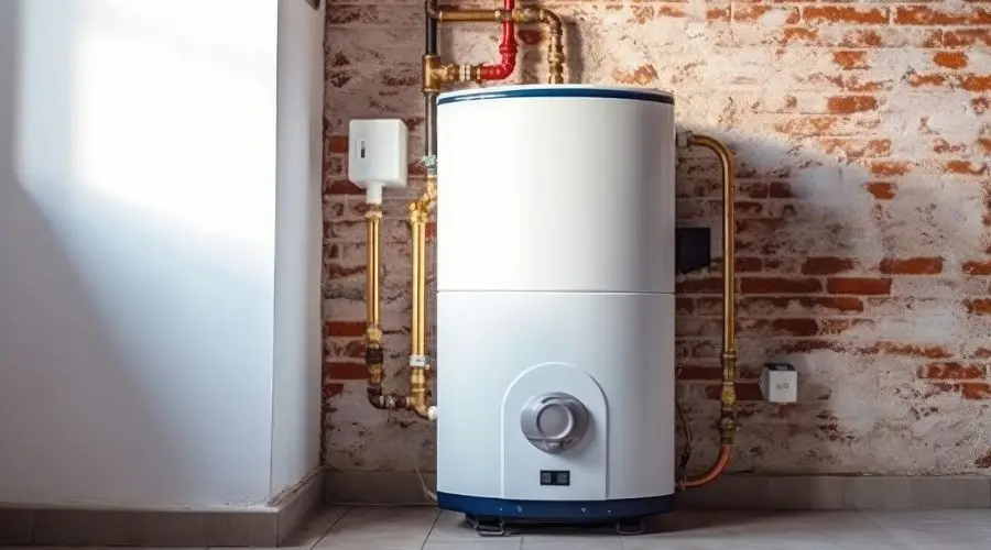 Water heater installation against a brick wall, featuring visible piping and connections from Quahog Plumbing.