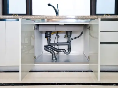 Kitchen sink cabinet with open doors revealing plumbing pipes, highlighting the importance of airflow and insulation to prevent frozen pipes during winter.