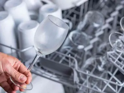 Hand holding a clean wine glass from a dishwasher, illustrating effective cleaning benefits of water softeners in combating hard water issues.