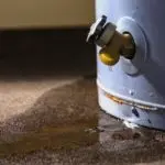 Water heater with visible leakage and rust, causing water pooling on the floor; Quahog Plumbing services noted for repairs.