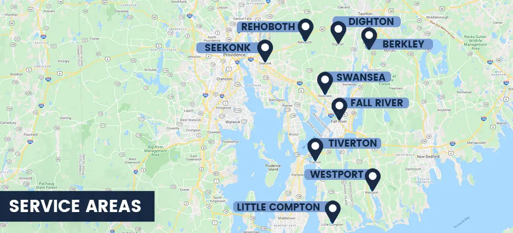 Map highlighting service areas of Quahog Plumbing in Bristol County, including locations like Seekonk, Dighton, Berkley, Swansea, Fall River, Tiverton, Westport, and Little Compton.